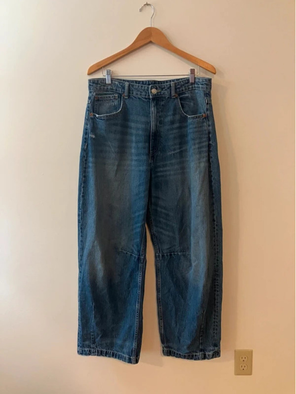Zara Barrel Leg Jeans Womens 10 EUR 42 Mid Blue High Waist Balloon Curved Denim